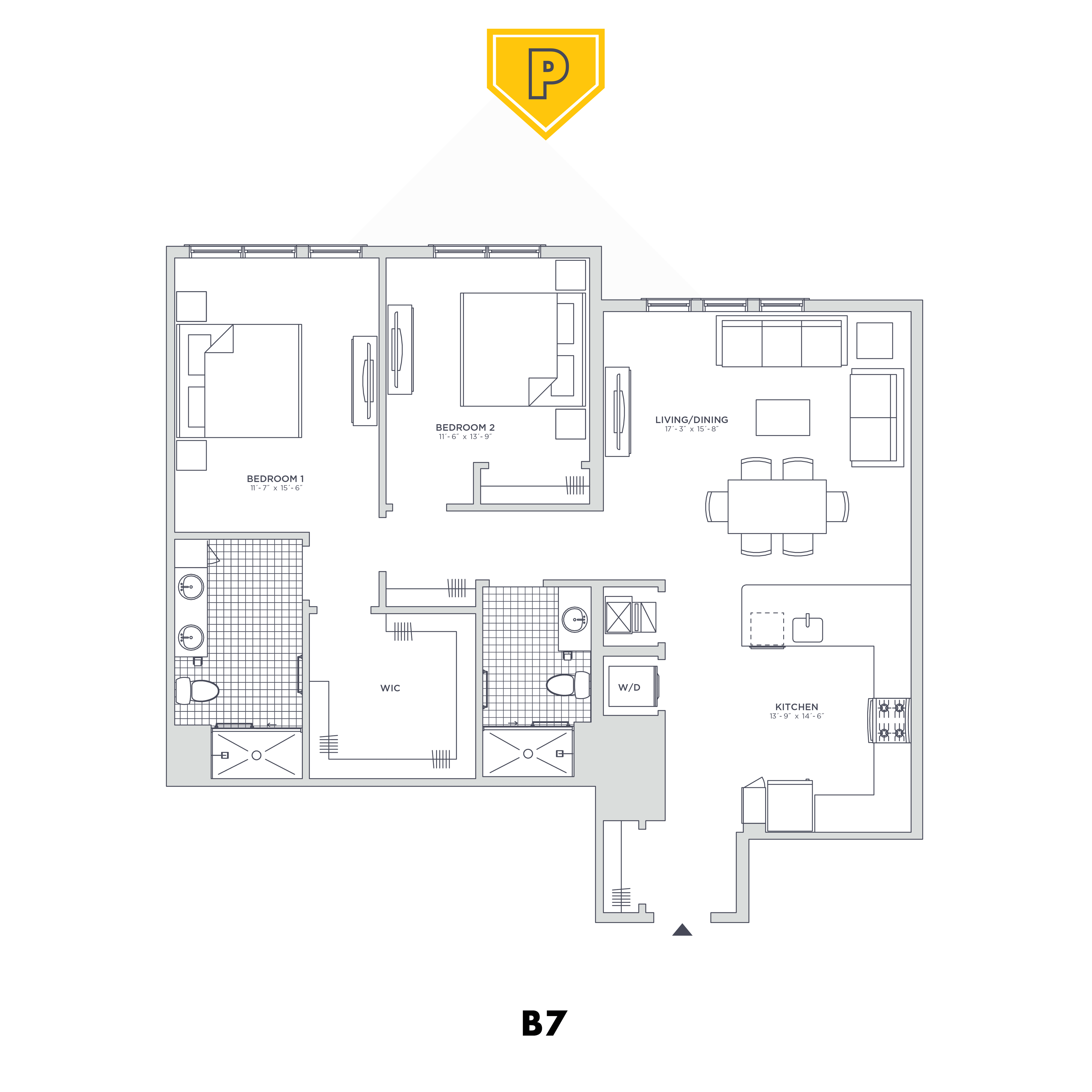 Floor plan for 2 beds, 2 baths, 1298 sqft